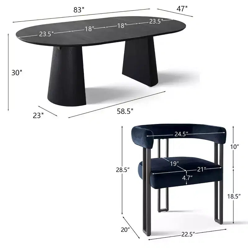 Set tavolo da pranzo allungabile da 120-210 cm per 4 persone, tavolo nero e 4 sedie da pranzo imbottite in velluto con gambe in metallo, stile moderno