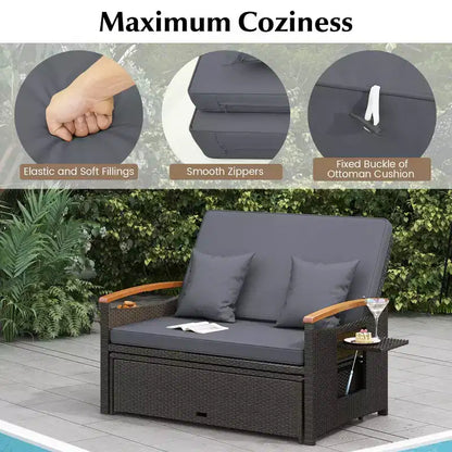 Set divano letto in rattan per esterni Costway con divanetto imbottito e poggiapiedi contenitore per veranda Beige/Blu marino/Rosso/Turchese/Nero/Grigio
