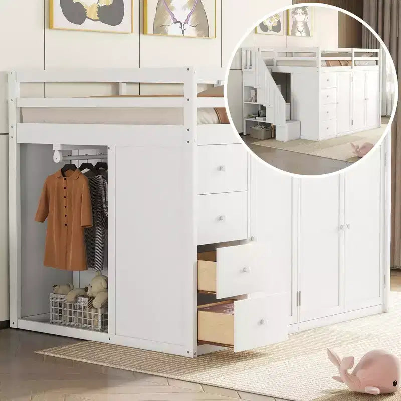 Letto a soppalco intero in pile orsetto con mensola portaoggetti e cassetti, letto a soppalco alto in legno con scrivania versatile per camera da letto