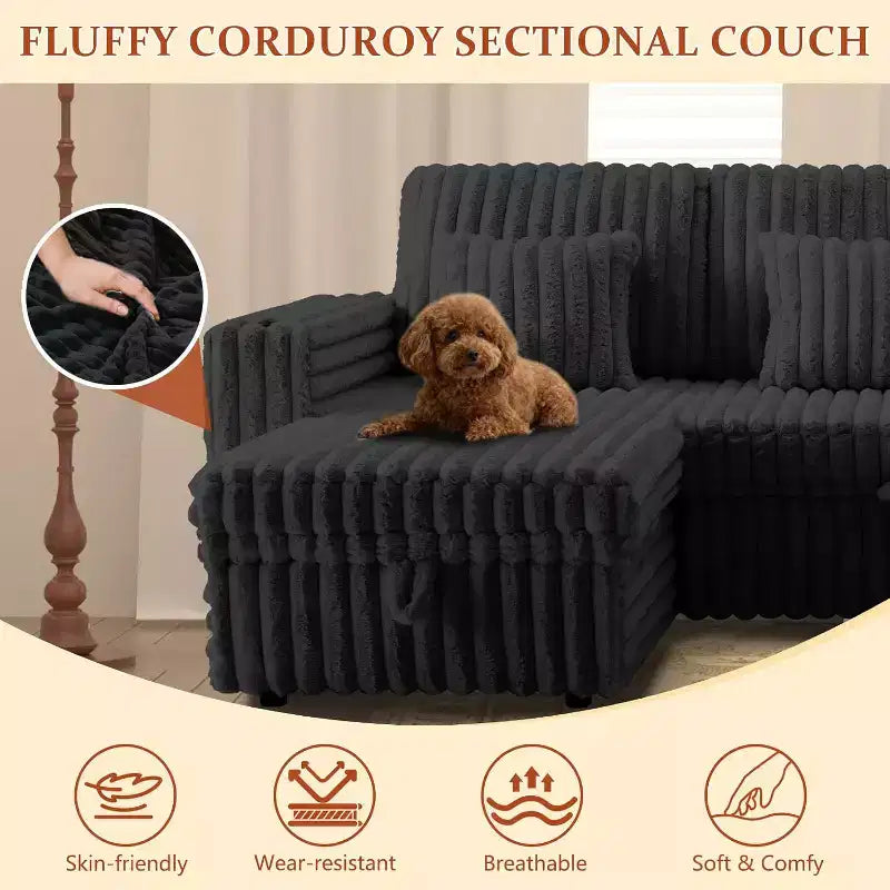 MooxvMoo Divano letto a U 124" con contenitore, divano convertibile di grandi dimensioni con letto estraibile, schienale regolabile, porte USB e portabicchieri, nero