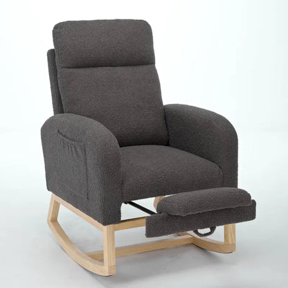 Poltrona a dondolo moderna con schienale alto da 75 cm, imbottita, con gambe in legno massello e poggiapiedi regolabile