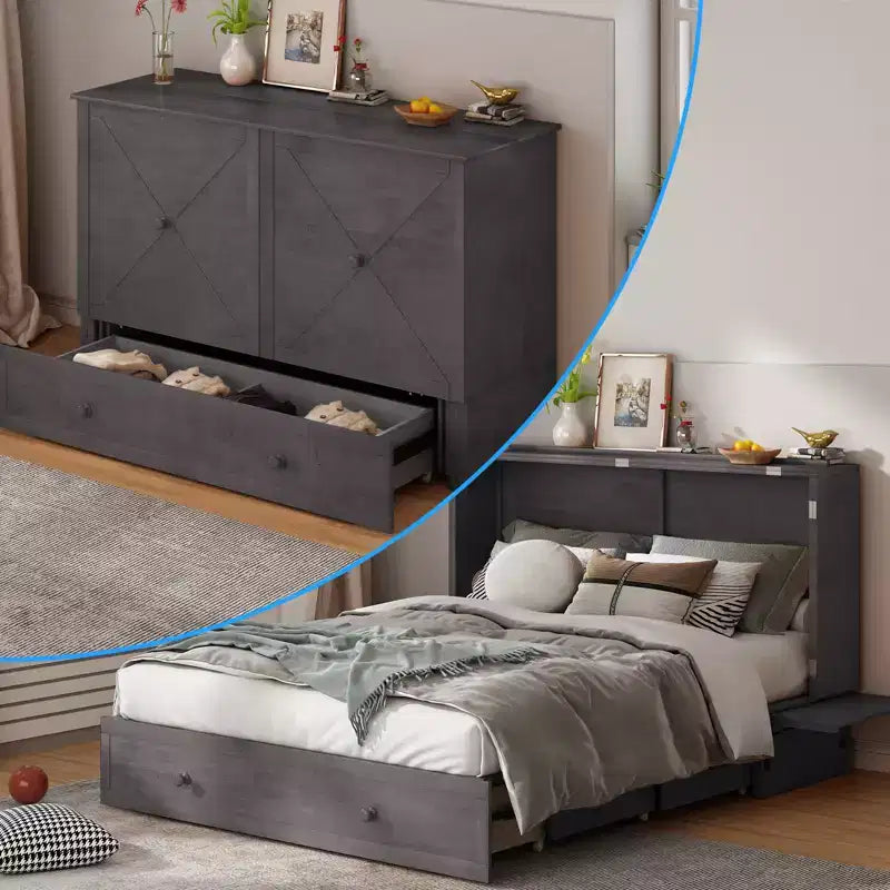 Mjkone Letto a Scomparsa Matrimoniale, Letto a Cassetti a Cubo con Stazione di Ricarica e Spazio Contenitore