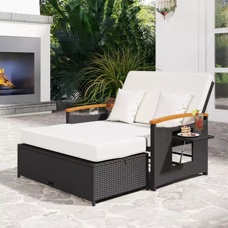 Set divano letto in rattan per esterni Costway con divanetto imbottito e poggiapiedi contenitore per veranda Beige/Blu marino/Rosso/Turchese/Nero/Grigio
