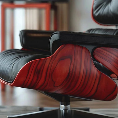 Chaise longue et pouf d'appoint en cuir pleine fleur de style Mid-century