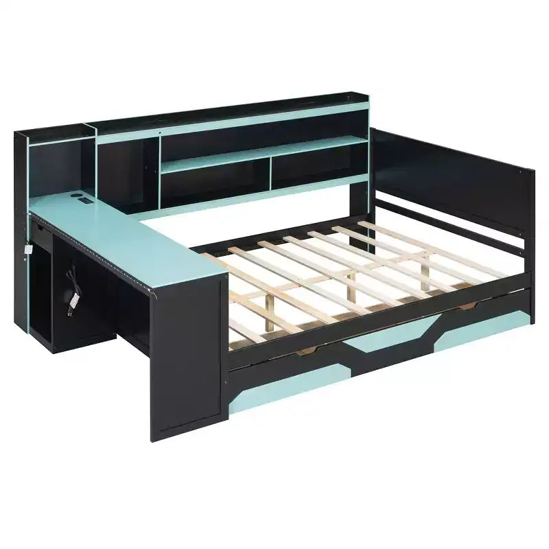 Letto a Giorno Gamer Hub con Scrivania, Luci RGB, Stazione di Ricarica, Cassetti e Testiera Libreria
