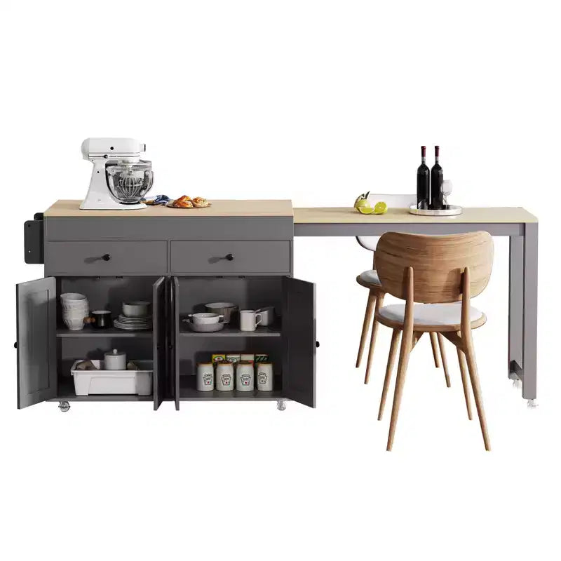 Isola da Cucina da 189 cm con Tavolo da Pranzo Estensibile, Carrello con 4 Armadietti, 2 Cassetti, Porta Spezie, Ripiani Regolabili