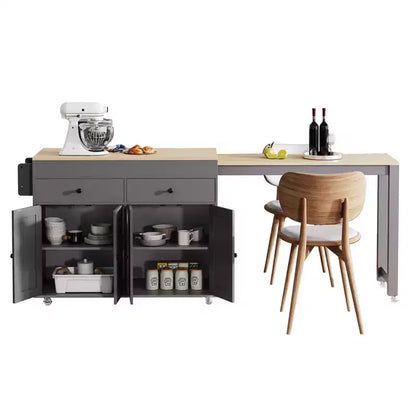 Isola da Cucina da 189 cm con Tavolo da Pranzo Estensibile, Carrello con 4 Armadietti, 2 Cassetti, Porta Spezie, Ripiani Regolabili