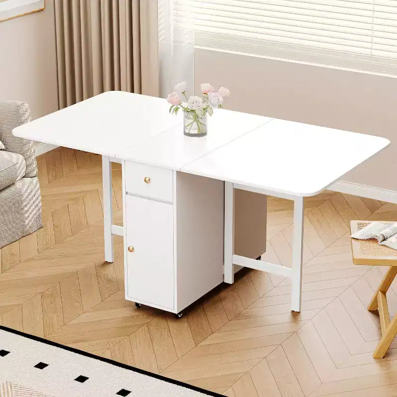 ATJafurn Tavolo da Pranzo Pieghevole da 150 cm con Ante a Scomparsa Salvaspazio, Tavolo da Cucina Rettangolare Allungabile in Legno con Ruote e Contenitore