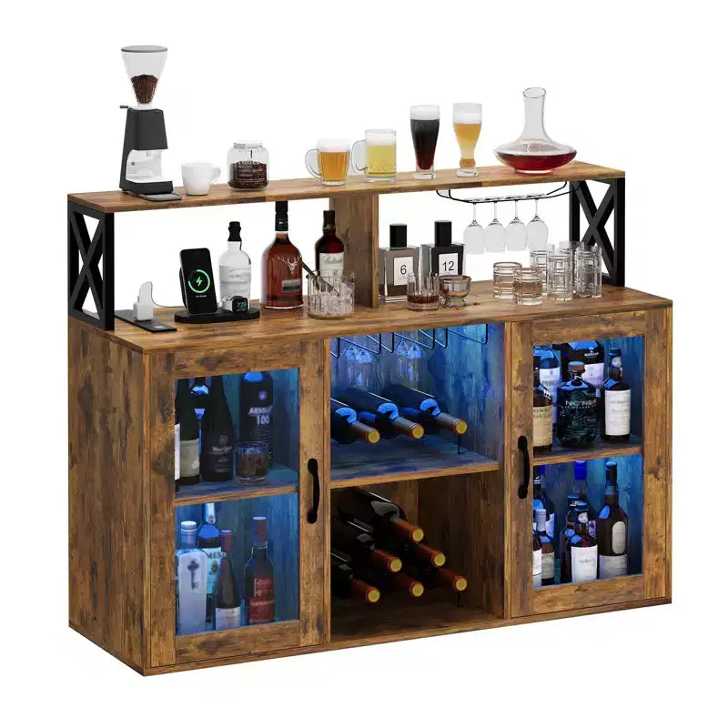 Mobile Bar per la Casa, Mobile Bar con Prese di Corrente, Porta Bicchieri, Mobile Vino con Vani Portaoggetti, Mobile Vino con Ripiani per Cucina e Casa