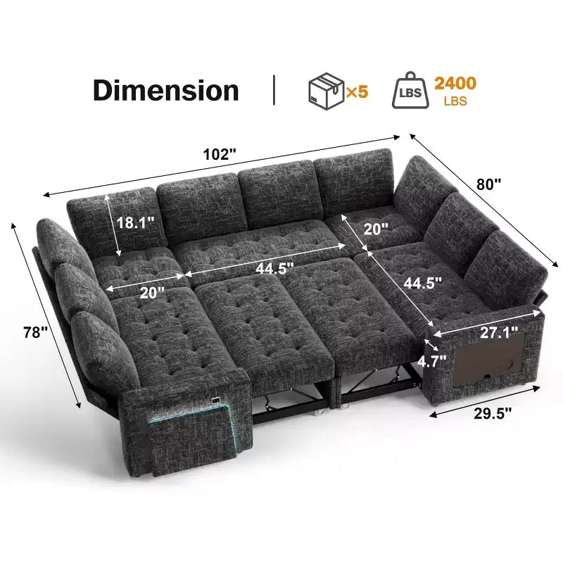 Divano componibile Dyonery a 8 posti a U con letto estraibile/schienale reclinabile/porte USB/tavolo/vano contenitore, montaggio senza attrezzi