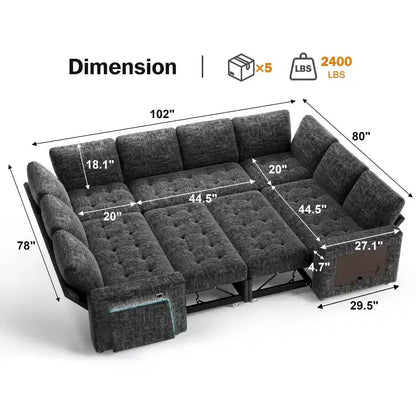 Divano componibile Dyonery a 8 posti a U con letto estraibile/schienale reclinabile/porte USB/tavolo/vano contenitore, montaggio senza attrezzi