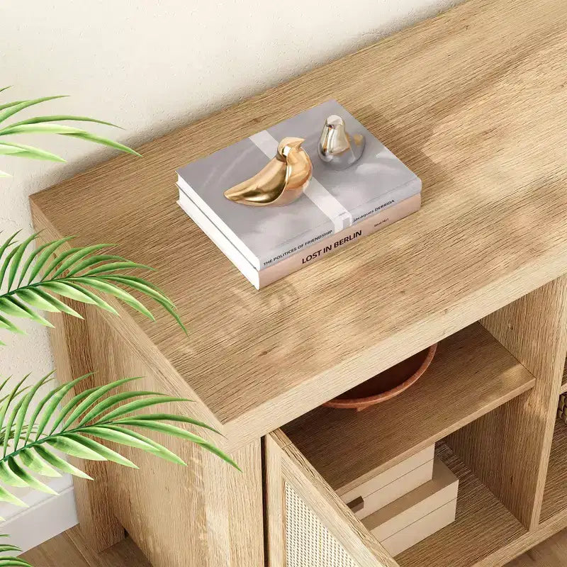 Mobile TV Boho, Porta TV in Rattan con Ripiani Regolabili e Contenitore, Quercia Naturale