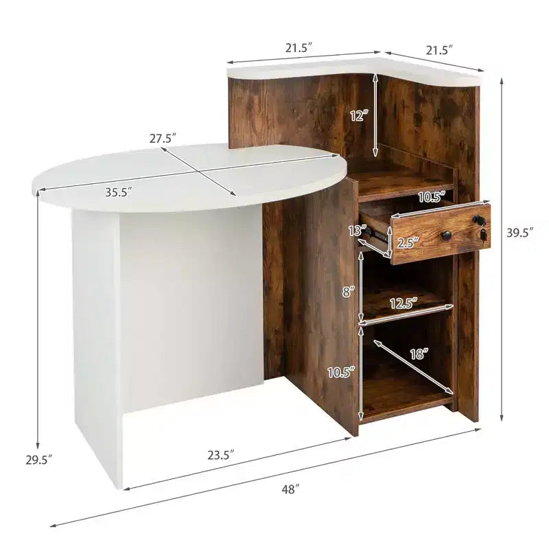 Costway Bancone per Reception, Scrivania da Ufficio con Ripiano Aperto e Cassetto con Serratura, Bianco/Marrone/Nero