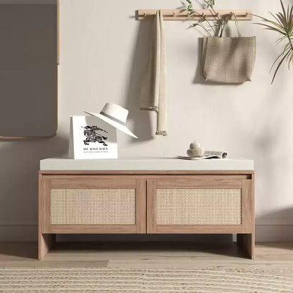 Panca portascarpe FurnitureR in rattan con cuscino, scarpiera compatta con ante per ingresso, organizer per piccoli spazi, scarpiera nascosta con seduta