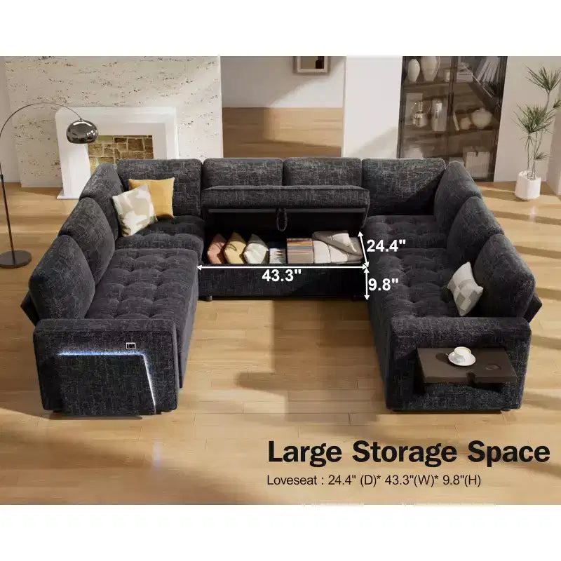 Divano componibile Dyonery a 8 posti a U con letto estraibile/schienale reclinabile/porte USB/tavolo/vano contenitore, montaggio senza attrezzi