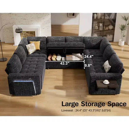 Divano componibile Dyonery a 8 posti a U con letto estraibile/schienale reclinabile/porte USB/tavolo/vano contenitore, montaggio senza attrezzi