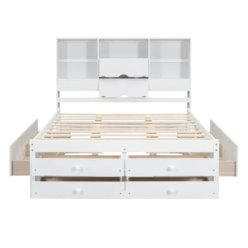 Letto a piattaforma King Size con testiera contenitore e 8 cassetti
