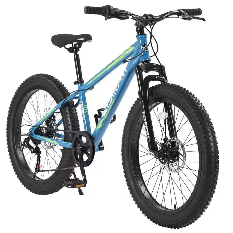Vélo Okak 24 pouces Fat Tire avec suspension avant, VTT 7 vitesses avec frein à disque et cadre en acier à haute teneur en carbone, Vélo de randonnée pour les trajets quotidiens