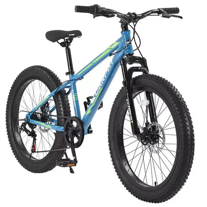 Vélo Okak 24 pouces Fat Tire avec suspension avant, VTT 7 vitesses avec frein à disque et cadre en acier à haute teneur en carbone, Vélo de randonnée pour les trajets quotidiens