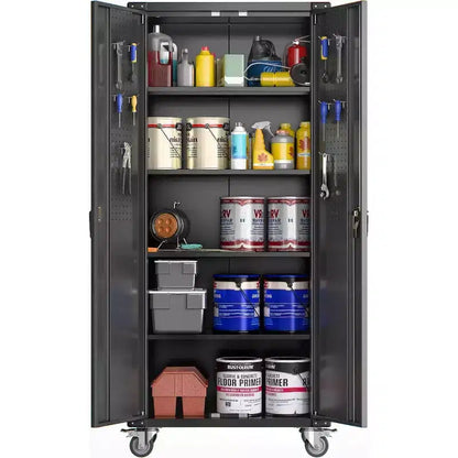 Armadietto portaoggetti da garage con ruote e pannello forato, armadio metallico con serratura alto 183 cm con 2 ante e 4 ripiani regolabili per officina o garage