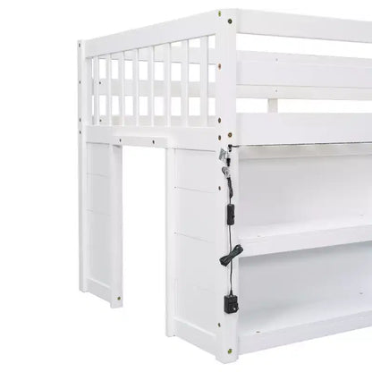 Whisen Letto a soppalco basso per bambini, dimensioni letto singolo, 79,8''L * 43,9''W, con due ripiani e luci LED