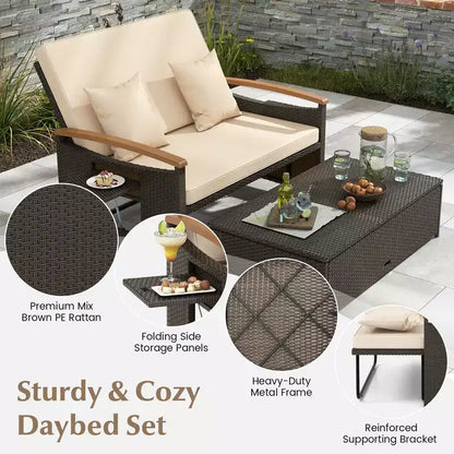 Set divano letto in rattan per esterni Costway con divanetto imbottito e poggiapiedi contenitore per veranda Beige/Blu marino/Rosso/Turchese/Nero/Grigio