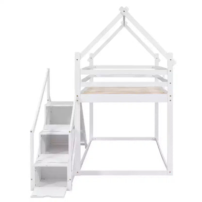 Lits superposés maison avec toboggan et escaliers de rangement, lit superposé double en bois avec toit et escaliers pour filles et garçons