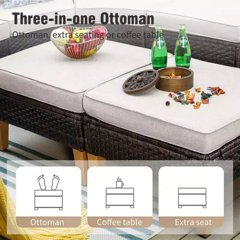 Captiva Designs Ensemble de canapés modulaires incurvés demi-lune en rotin osier 7 pièces pour l'extérieur avec pouf rembourré
