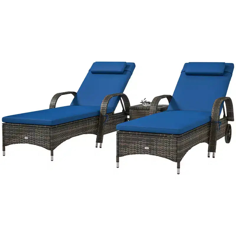 Set di 2 sedie a sdraio in vimini per patio con tavolino, schienale regolabile, ruote, cuscino e poggiatesta