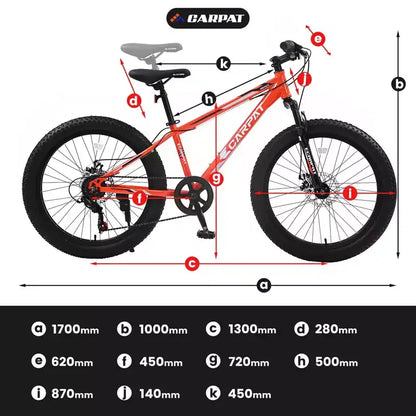 Vélo Okak 24 pouces Fat Tire avec suspension avant, VTT 7 vitesses avec frein à disque et cadre en acier à haute teneur en carbone, Vélo de randonnée pour les trajets quotidiens