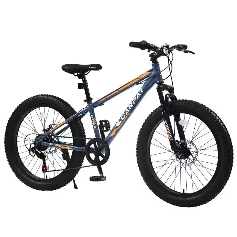 Vélo Okak 24 pouces Fat Tire avec suspension avant, VTT 7 vitesses avec frein à disque et cadre en acier à haute teneur en carbone, Vélo de randonnée pour les trajets quotidiens
