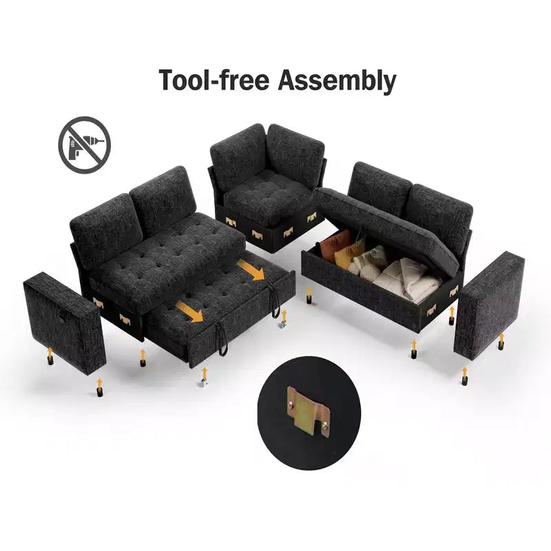 Dyonery Comfy Divano Letto 198 cm, Divano Letto a L in ciniglia con Letto Estraibile e Chaise Longue Contenitore per Soggiorno, Appartamento e Ufficio, Nero
