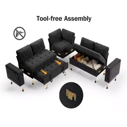 Dyonery Comfy Divano Letto 198 cm, Divano Letto a L in ciniglia con Letto Estraibile e Chaise Longue Contenitore per Soggiorno, Appartamento e Ufficio, Nero
