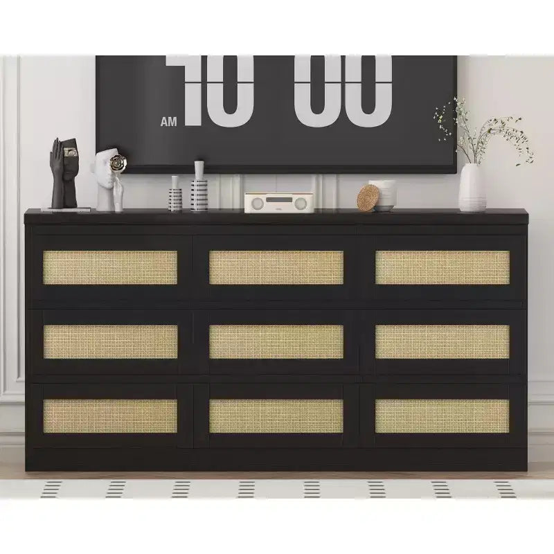 Comò per camera da letto, cassettiera a 9 cassetti in rattan per armadio, cassettiere e cassettoni doppi in legno