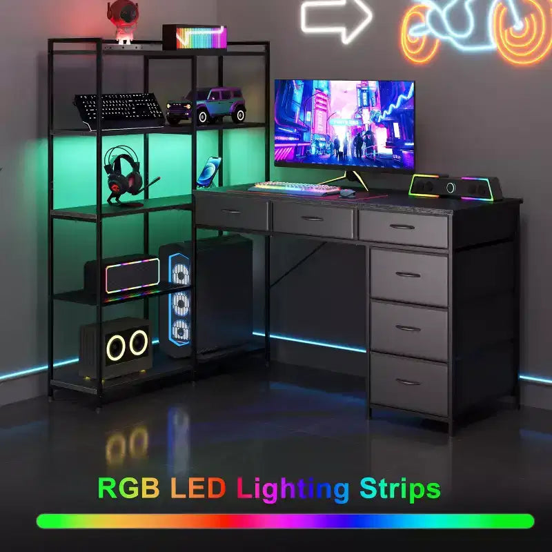 Scrivania per computer a L da 47" con 6 cassetti e mensole a 5 ripiani, scrivania angolare reversibile da gaming con luci LED e prese di corrente