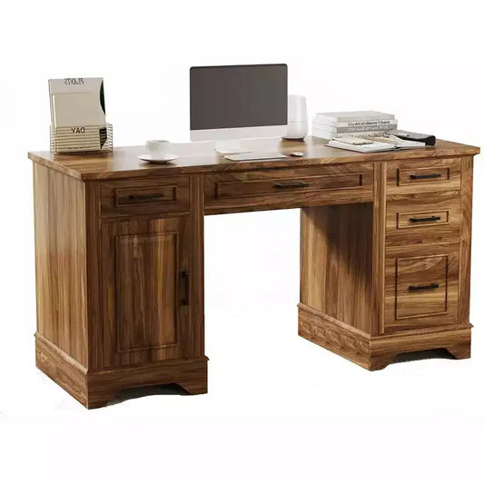 Bureau exécutif de ferme avec rangement, Bureau d'écriture en bois avec 5 tiroirs et armoire, Table d'ordinateur rustique pour salon, chambre à coucher, bureau