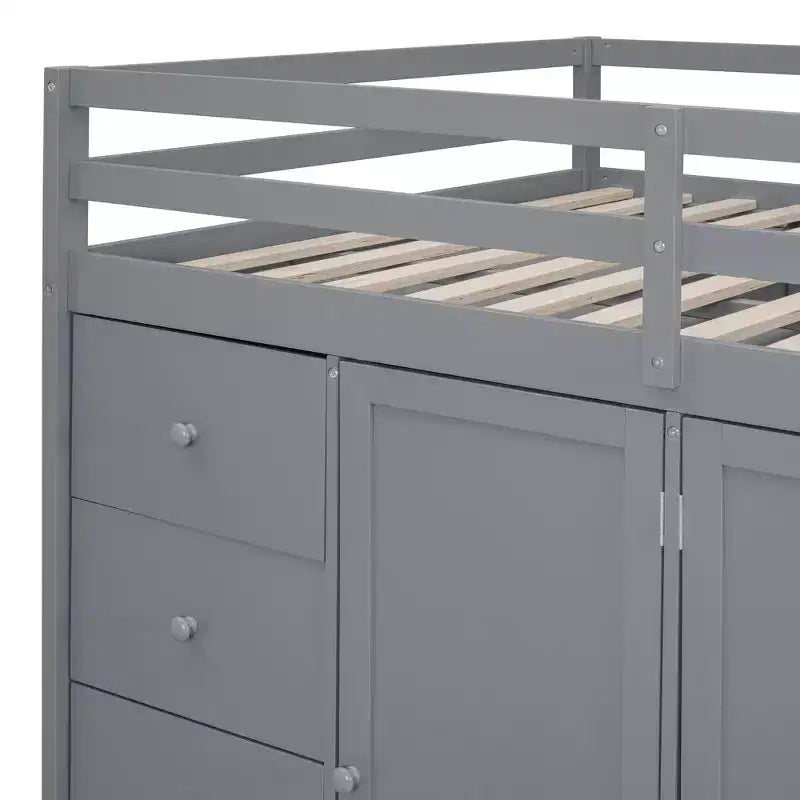 Letto a soppalco intero in pile orsetto con mensola portaoggetti e cassetti, letto a soppalco alto in legno con scrivania versatile per camera da letto
