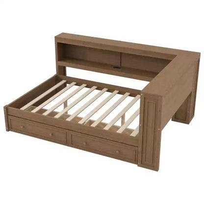 Letto angolare a grandezza naturale con cassetti portaoggetti, libreria, struttura letto a giorno in legno a forma di L con testiera a libreria per soggiorno