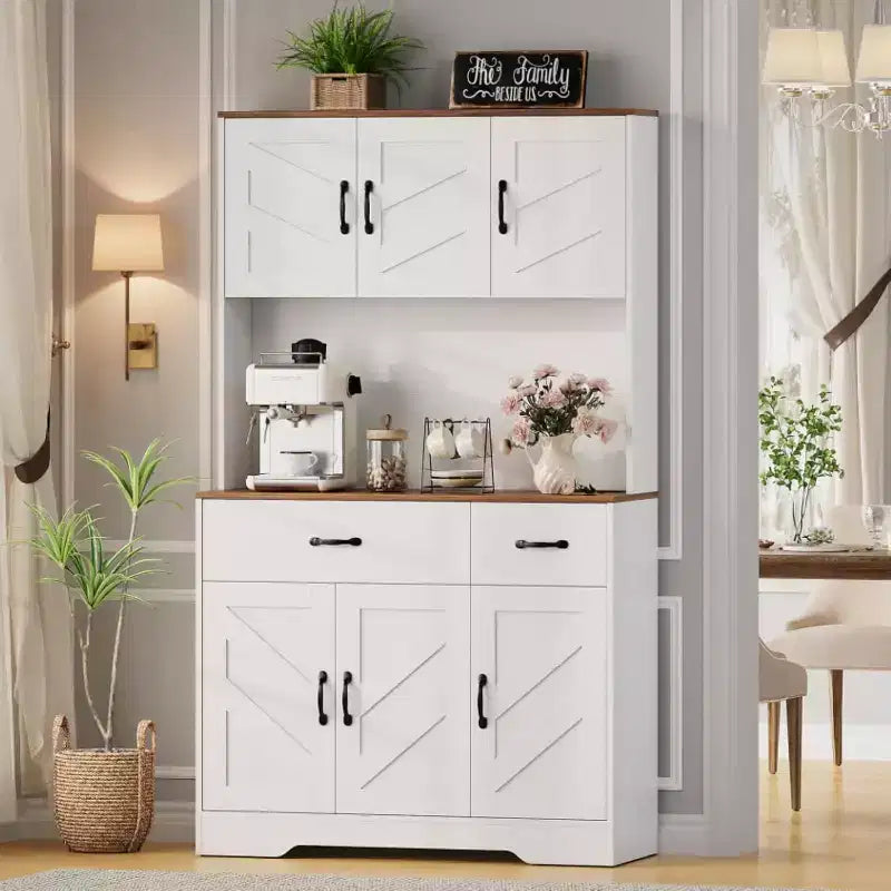 Mobile dispensa da cucina da 71" con stazione di ricarica, ampio piano di lavoro, supporto per microonde e 2 cassetti, mobile contenitore per sala da pranzo e soggiorno