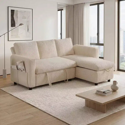 Dyonery Divano Letto Angolare 81, Divano Estraibile a L con Chaise Longue Reversibile con Contenitore, USB, Schienale Reclinabile