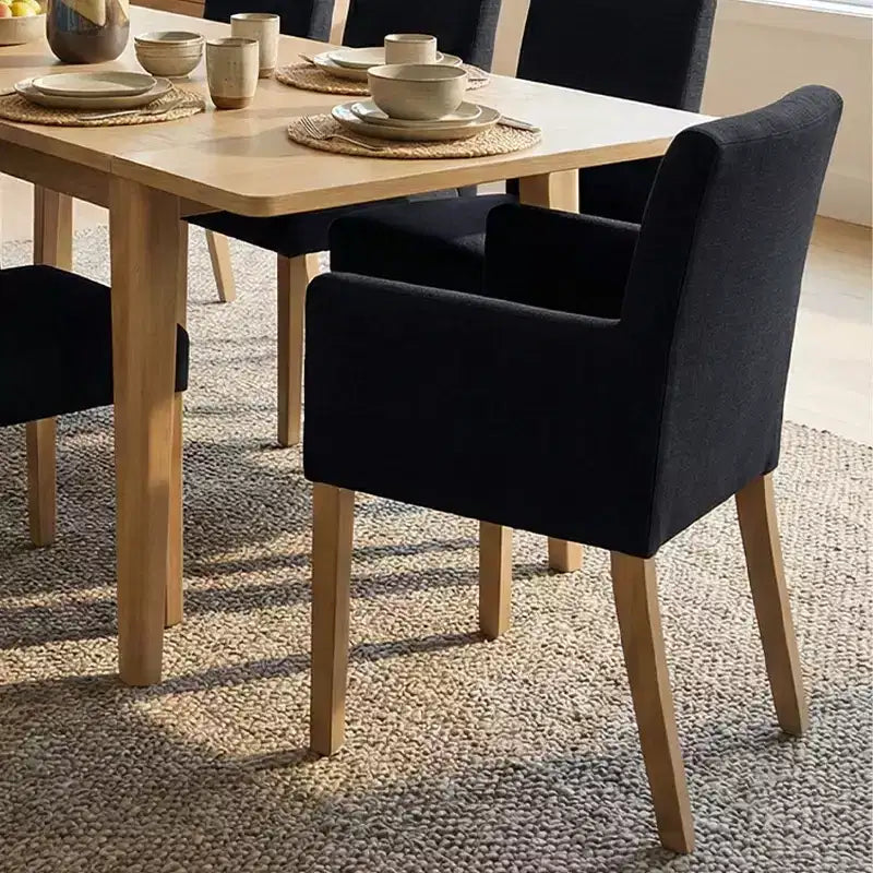 Set da pranzo da 9 pezzi con prolunga, include 6 sedie senza braccioli e 2 poltrone in lino neutro, gambe in legno massello, stile moderno-Panipeachy