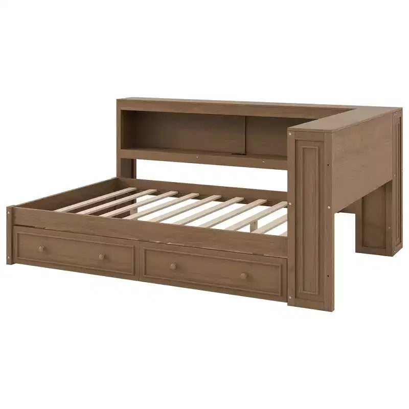 Letto angolare a grandezza naturale con cassetti portaoggetti, libreria, struttura letto a giorno in legno a forma di L con testiera a libreria per soggiorno