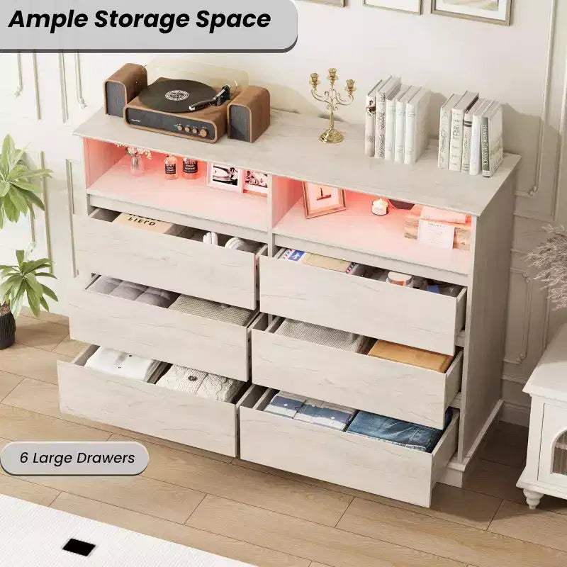 Comò per camera da letto, cassettiera a 6 cassetti, mobile a 6 cassetti con spazio aperto, armadietto moderno di grande capacità, soggiorno, corridoio