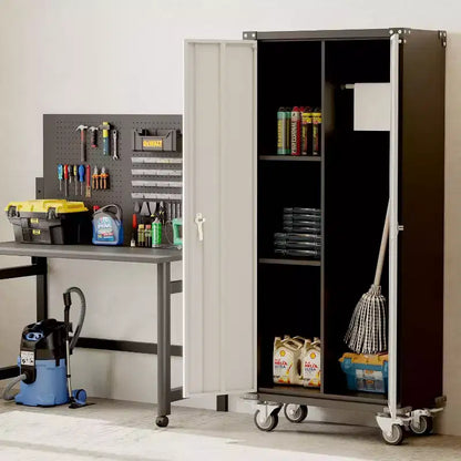 Armadietto portaoggetti da garage con ruote e pannello forato, armadio metallico con serratura alto 183 cm con 2 ante e 4 ripiani regolabili per officina o garage