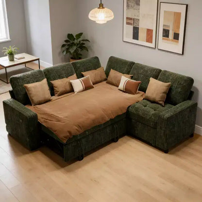 Dyonery Comfy Divano Letto 198 cm, Divano Letto a L in ciniglia con Letto Estraibile e Chaise Longue Contenitore per Soggiorno, Appartamento e Ufficio, Nero