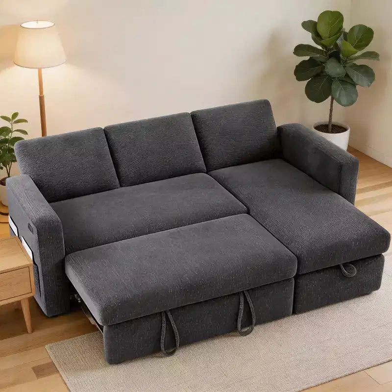 Dyonery Divano Letto Angolare 81, Divano Estraibile a L con Chaise Longue Reversibile con Contenitore, USB, Schienale Reclinabile