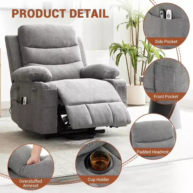 Fauteuil inclinable électrique releveur, fauteuils inclinables électriques pour personnes âgées avec fonction chauffante et massante, aide à la levée, porte-gobelets, poche latérale, pour salon