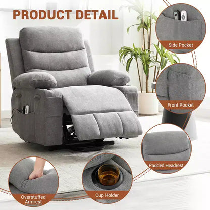 Fauteuil inclinable électrique releveur, fauteuils inclinables électriques pour personnes âgées avec fonction chauffante et massante, aide à la levée, porte-gobelets, poche latérale, pour salon