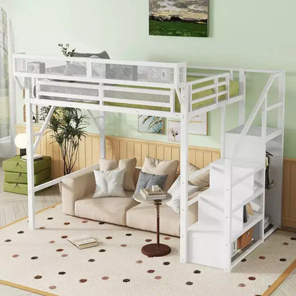 Lit mezzanine pleine grandeur en métal blanc avec escalier, étagères de rangement et lit mezzanine haut avec armoire pour enfants et adolescents