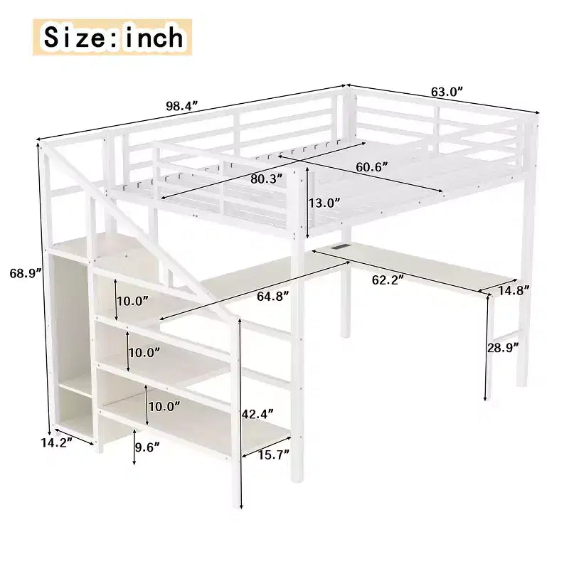 Letto a soppalco Queen Size con scrivania a L e USB, Letto a soppalco in metallo con armadio e regolabile